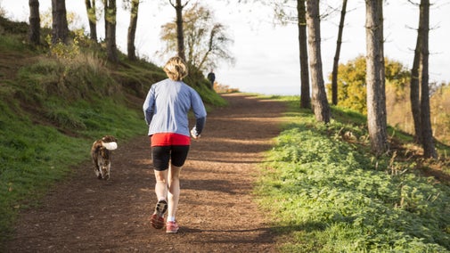 A visitor running with their dog along a path lined with bare trees at Clent Hills
